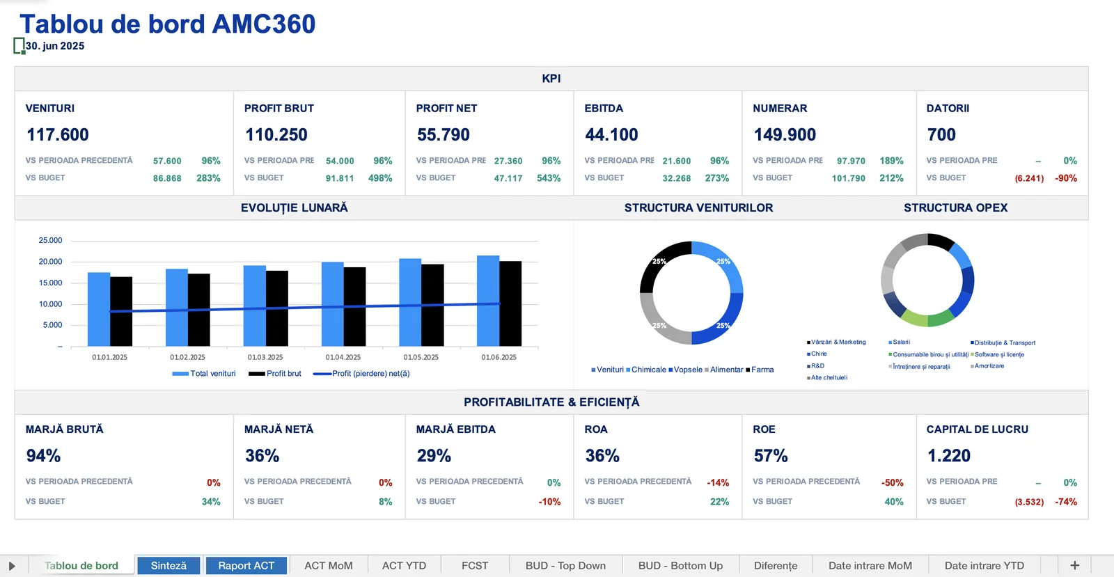 Tablou de bord AMC360 din modelul Excel FCO — KPI, evoluție lunară, structura veniturilor și a cheltuielilor, marje, ROA, ROE