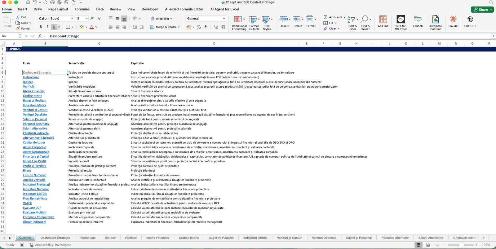 Cuprinsul modelului Excel Dashboard Controlling Strategic AMC360