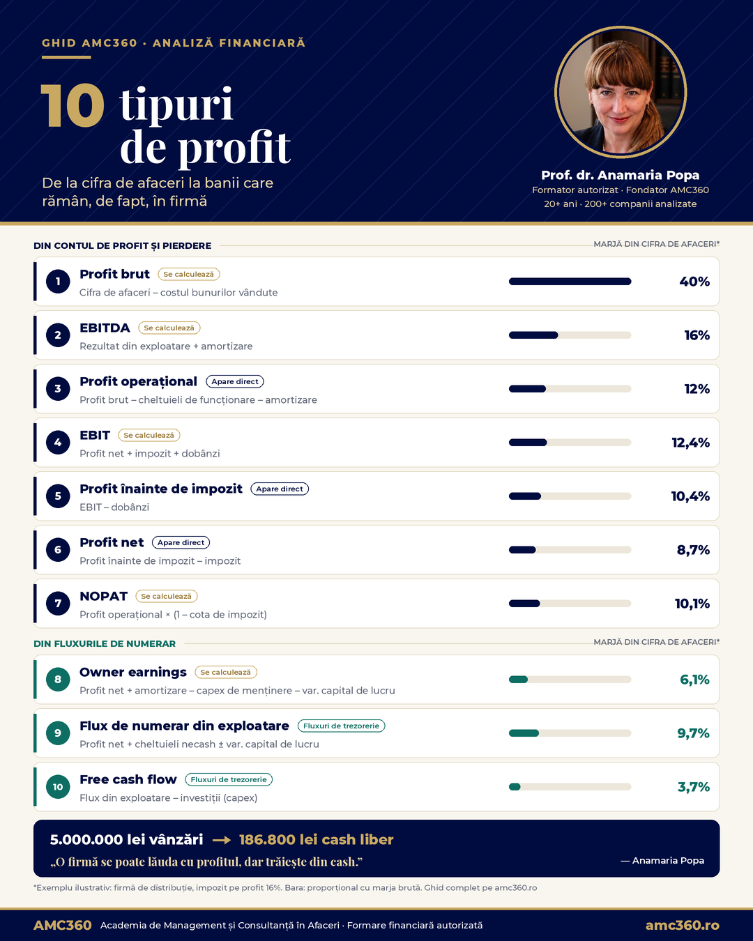 Infografic: cele 10 tipuri de profit, de la profitul brut la free cash flow – exemplu numeric AMC360, Prof. dr. Anamaria Popa
